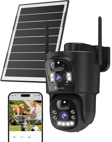 Ctronics Doppio Obiettivo Telecamera Wi-Fi Esterno Senza Fili, 2.4/5GHz WiFi Videocamera con Pannello Solare 8W, 10400mAh Batteria, Doppio PIR, Visione Notturna A Colori, 128GB TF/Cloud/PC, IP66