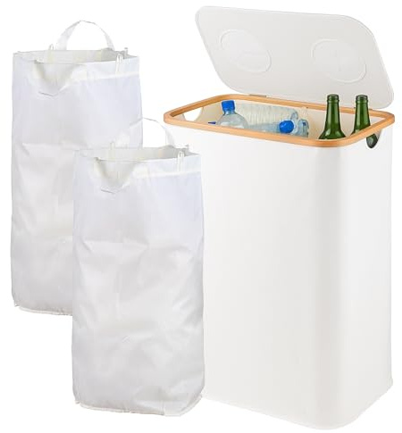 Relaxdays Récupérateur de Bouteilles, 170 L, jusqu'à 60 Bouteilles, 2 Sacs, collecteur pour Verre et Plastique, Blanc