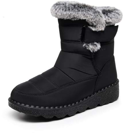 FUJEAK Winter Snow Boots for Mens Fur Lined Warm Ankle Slip On Anti-Slip Boots Waterproof Outdoor Boots Lightweight Comfortable Shoes Black UK Size 11