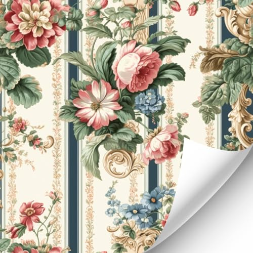 Dolls House Vintage Blue Striped Floral Wallpaper (R078) - 1:12 Scale Miniatures | Minimum World