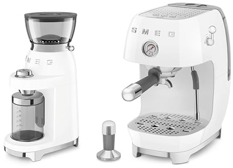 Smeg 50's Style Electric Coffee Grinder and 50’s Style Espresso Coffee Machine with Cold Brew Function White CGF03WHUK / ECF03WHUK