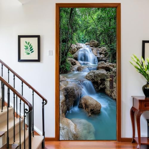 Türtapete selbstklebend Türposter Waldwasserfalllandschaft Fototapete Türfolie 77 x 200 cm Grün 3D Türaufkleber DIY Türbild