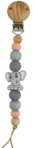 Little Jax Schnullerkette für Babys, ca. 18 cm, mit Clip, Buchenholz Schnullerhalter für Alltag und unterwegs, für Jungs und Mädchen (Elefant)