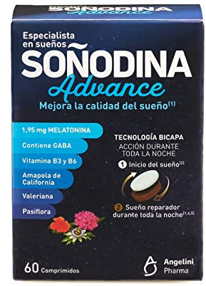 Soñodina Advanced 60 Comprimidos - Complemento alimenticio con Melatonina, GABA, Vitaminas B3 y B6, extractos de Amapola de California, Valeriana y Pasiflora - Ayuda a mejorar la calidad del sueño