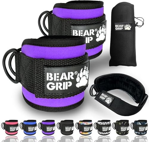 BEAR GRIP - Ankle Straps for Cables with New Fleece Design - Strong Closure, Double Stainless Steel D-Ring, Adjustable Neoprene - For Men & Women (Purple - Pair)