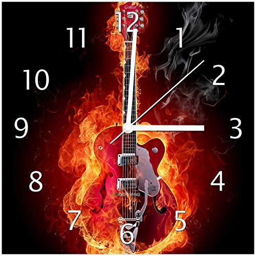 Wallario Design-Wanduhr Brennende Gitarre aus Glas, Motiv-Uhr Größe 30 x 30 cm, weiße Zeiger