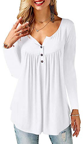 Beluring Long Sleeve Womans Tops Shirts Solid Color Casual Swing Tunic Tops with Button White XL