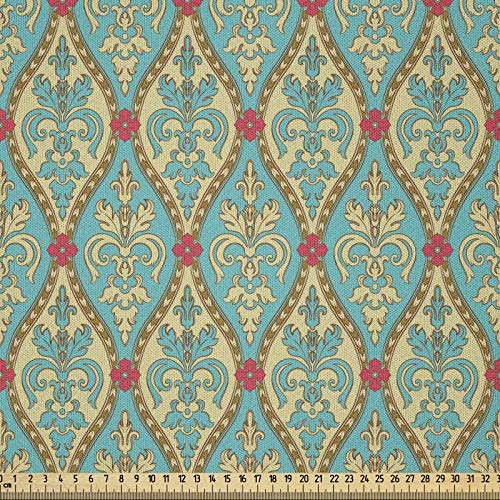 ABAKUHAUS Damast Stoff als Meterware, Weinlese-Laub-Blatt, Microfaser Multi Zweck Dekostoff für Kunsthandwerke, 3M (148x300cm), Rosa Blau Tan