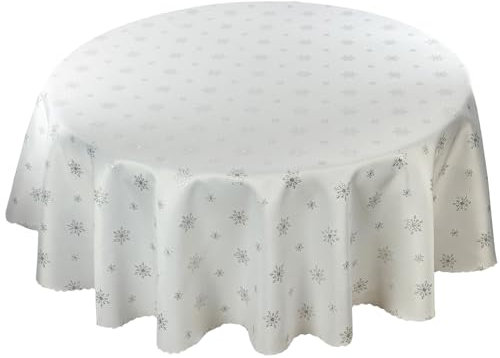 Weihnachten Tischdecke Jacquard Feierlich Fleckenresistente abwaschbar, Viele Größen (Schneeflocke Silber Weiß, 80 cm RUND)
