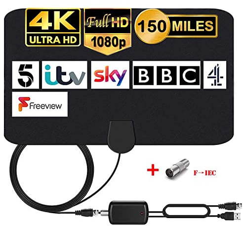 MILIWAN Indoor TV Aerial 150 Miles Digital HDTV Antenna with Amplifier Signal Booster Freeview TV Antenna VHF UHF 4K 1080P for Local Channels Support ALL Television - 14.4FT Coax Cable