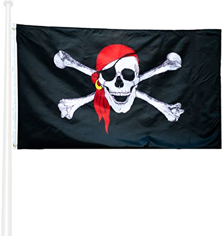 KliKil Bandiera Pirati 150x90 Jolly Roger con bandana rossa - Bandiera Pirata tessuto da esterno, resistente alle intemperie con 2 occhielli metallici. Pirate Flag Jolly Roger Red Bandana giardino