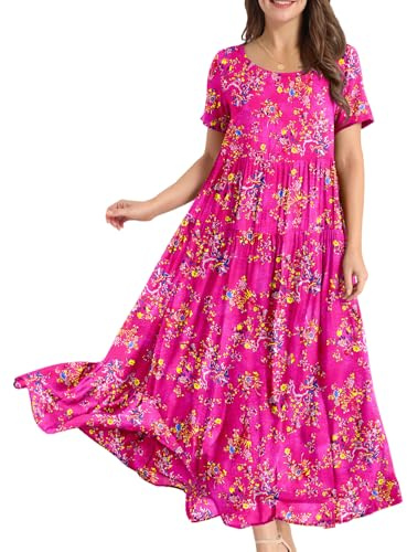 YESNO Damen Kurzarm Freizeit Sommer Boho Kleider mit Taschen EJFDE | Leichter atmungsaktiver Stoff; lockerer weiter Maxi-Sitz; vielseitiges Sommerkleid für Urlaub, Strand und Alltag