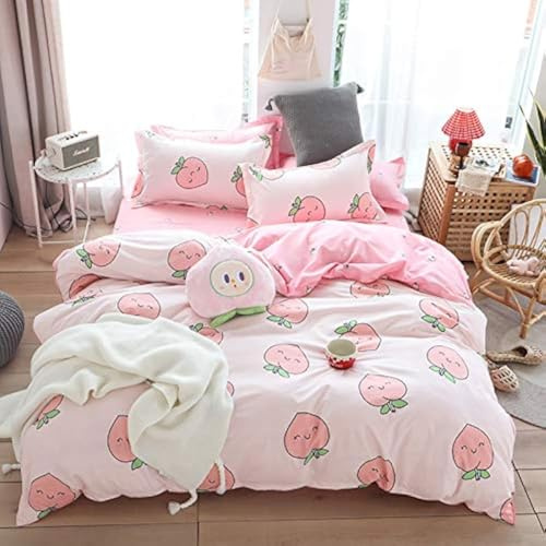 Cartoon-Bettwäsche-Set für Queen-Size-Betten, Rosa, Pfirsich-Bettwäsche-Set, Kinder, Kawaii-Bettwäsche-Set, Mädchen, hübscher Pfirsich-Bettbezug, niedliche Früchte, Bettbezug, tropische Pflanzen,