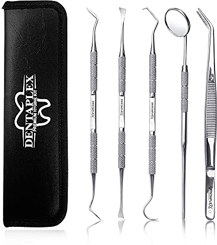 Dentaplex Plaque Remover for Teeth Oral Dental Care Kit 5 Pcs for Teeth Cleaning Whitening Tartar Remover Calculus Removal Tools Tooth Picks Dentist Mirror and Tweezers for Personal & Pets use