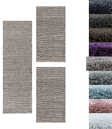 SIMPEX Bettumrandung Schlafzimmer 3teilig Shaggy Hochflor Teppich Beige Bettset: 2 mal 60x110 + 1 mal 80x150 - Schlafzimmer Teppich 3 Teilig Läufer Extra Weich Flauschig Bettvorleger Läuferset Halı