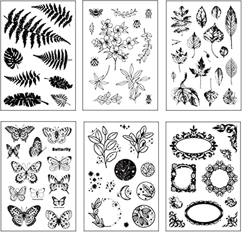 Cutefly 6 Blätter Silikonstempel, klar Silikonstempel Set Vintage Pflanzen Blumen Schmetterling Silikonstempel Clearstamp Set für DIY Bullet Journal Scrapbooking Fotoalbum Kartenherstellung