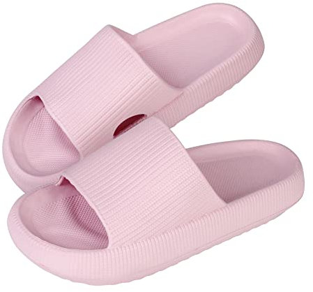 MUYOGRT Cloud Sliders Women Men, Non-Slip Cloud Slippers Women Summer, Soft Flip Flops Bathroom Slippers, Pillow Sliders for Pool Shower Beach(Pink #1, 4/5)