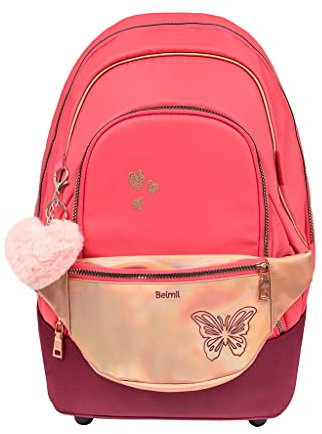 Belmil Premium 2in1 Schulrucksack mit Hüfttasche für Mädchen/AGR, Brustgurt, Hüftgurt (338-84/P Coral)
