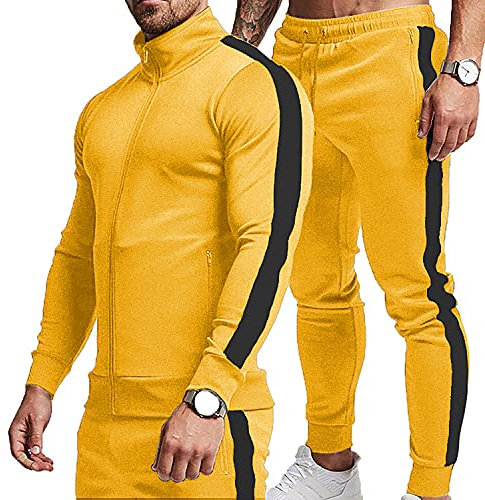 TEZO Herren Casual Active Trainingsanzüge Full Zip Sport Jogging Anzüge Sets Athletic Running 2 Piece Sweatsuits mit Reißverschlusstaschen, Gelb/Schwarz, Large