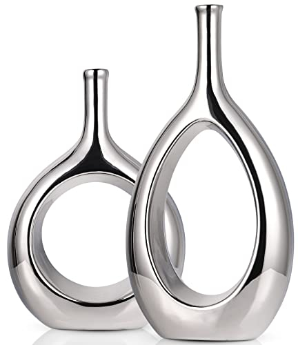Silberne Vase, glänzende Ellipse, kleine Vasen, moderne minimalistische silberne Vasen, dekorativ, Heimdekoration, Keramikvasen-Set, ideale Regaldekoration, Kaminsims, Eingangsbereich