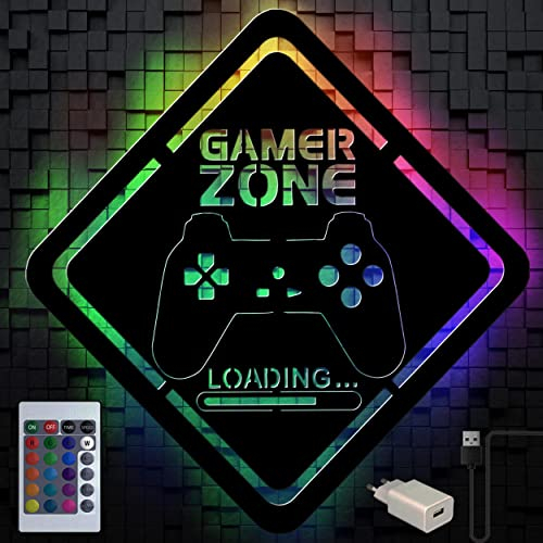 Gamer Zone LED Schild aus Holz | Unpersonalisiertes Gaming Deko Leuchtschild mit Controller Motiv & Loading Schriftzug | Wanddeko für Jugendzimmer Jungen, Schreibtisch & Zockerzimmer