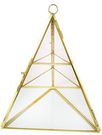 rockible Vitrine de Présentoir à Bijoux Pyramide en Verre à 3 Niveaux avec Cadre en Métal Laiton de Vintage et Crochets de pour Bagues