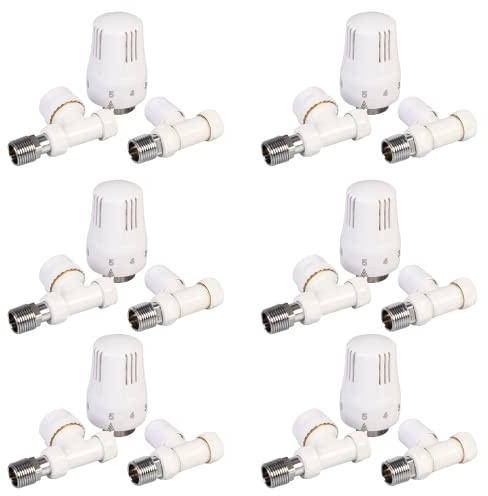 London Taps Thermostatic Radiator Valve TRV and Lockshield Set, White Straight Valves, Standard 15mm Connection, Central Heating Radiator or Towel Rail Valves Set of 6