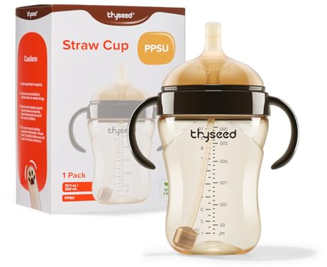 Thyseed PPSU Weighted Straw Cup with Handles Toddlers Transition Bottles to Sippy Cups No Spill Learner Milk Water Baby Bottle Soft Silicone Spout Dishwasher Safe BPA Free 6+ Months 10oz/300mL
