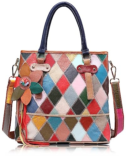 Karoukee Bunte Patchwork Henkeltasche für Frauen, Handgemachte Echt Leder Schultertasche, Modische Damen Umhängetasche, Niedliche Große Handtasche Tote Bag mit Verstellbarem Gurt