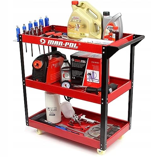Werkzeugwagen | 3 Etagen | 66,5 x 36,5 x 79 cm | Tragkraft 136 kg | mit Rollen | aus Stahl | Rot | für Garage Werkstatt