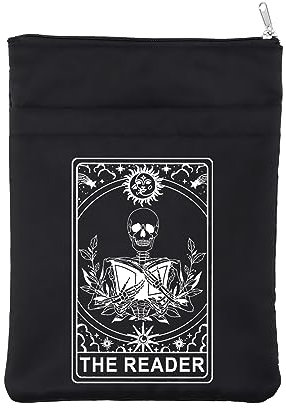 BAUNA The Reader Book Sleeve Tarocchi Card Reader Inspired Book Cover Bookish regalo per gli amanti dei libri regalo lettura regalo gotico romantico regalo scheletro cerniera sacchetto (BL Reader BM)