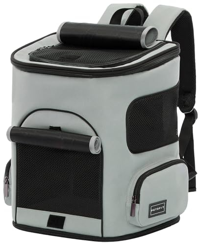 PETSFIT Haustier-Rucksack für kleine Hunde und Katzen, Hunderucksack mit verbessertem Taillenschutz-Design, belüfteter Haustier-Rucksack für Wandern, Camping, Reisen, Grau