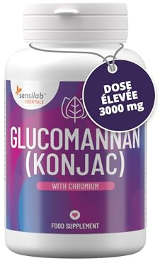Glucomannane (konjac) 3000 mg hautement dosées avec du Chrome - Végétaliennes, sans additifs, allergènes, OGM, 180 gélules - Sensilab Essentials