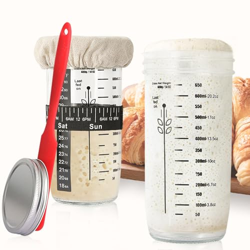 Tarro de masa madre Tarro de inicio de pan de levadura 2 paquete, 650ml con banda de alimentación marcada con fecha termómetro pan reutilizable suministros de fermentación para hornear en casa