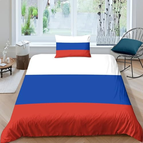 Flaggege von Russland 3D Bettbezug Set Teilig Microfaser Bettwäschegarnitur Mit Gedruckt Reissverschluss Bettbezug Nationale Flaggege Bettwäsche Für Jugendliche Kind Junge Mädchen Single(135x200cm)