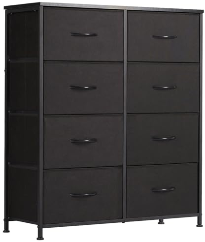 SURFOU Kommode mit Schubladen, Schrank mit 8 Stoffschubladen, Schubladenschrank Schwarz 30cm tief, 80cm breit, Metallrahmen, Flur Möbel für Wohnzimmer, Schlafzimmer, Flure, Eingänge, Kindergärten