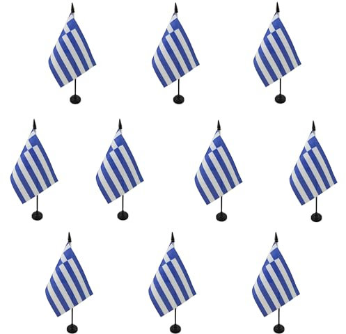 AZ FLAG - Lot de 10 Drapeau De Table Grèce - 15x10 cm - 10 Mini Drapeaux Grec De Bureau 100% Polyester Avec Hampe De 25cm Et Socle En Plastique Noir