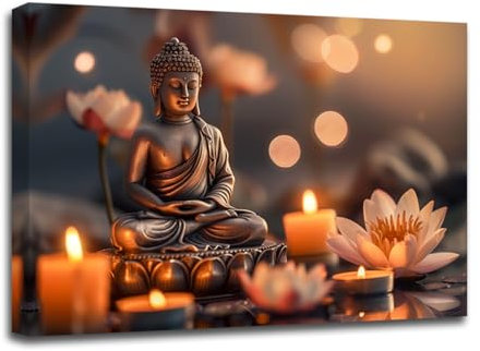 LZIMU Buddha Wandbilder Buddha Statue Lotusblumen und Kerze Leinwand Wandbilder Zen Spa Kunstdrucke für buddhistische Gebetswanddekoration (30.00 x 45.00 cms)
