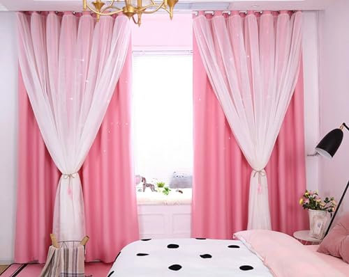 Beydodo Gardinen mit Schlaufen 2er Set, Verdunklungsvorhänge Rosa 132x229CM Doppellagig mit Sternen und Voile Gardinen Blickdicht Ösenvorhänge Kinderzimmer Wohnzimmer