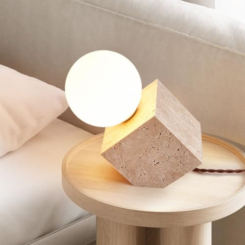 YKSJDFH Kreative Wabi-Sabi-Nachttischlampe, natürliche Travertin-Tischlampe, japanische Mini-Schreibtischlampe mit Steinsockel, rustikale Nachttischlampe für Schlafzimmer, Wohnzimmer, Büro, warmes Umg