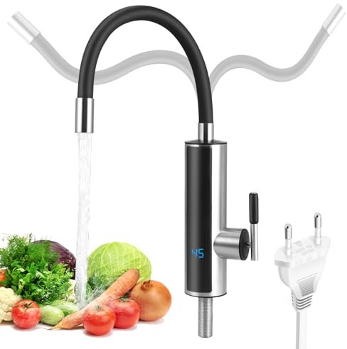 Elektrische Wasserhahn mit Durchlauferhitzer, 3000W 220V Sofortiger Warm Küchenarmatur mit Flexibler Auslauf und LCD Temperaturanzeige, 360º Swivel Durchlauferhitzer Küche für Küche, Garten, Bad