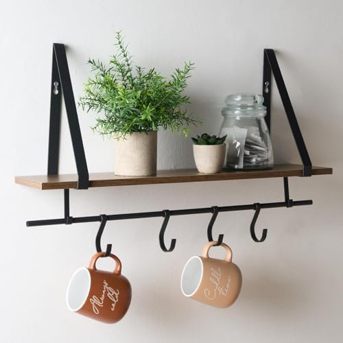OHS Wooden Shelf with Hooks, Modern Decorative Display Wall Shelf with Hooks Easy Installation Wall Mounted Kitchen Shelving Living Room Bathroom - 60 x 31 x 15cm