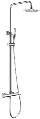 GALYON IMEX Monomando para Ducha Serie Monza, Acabado Níquel Cepillado, Barra de Ducha Extensible, Grifo de Latón con Rociador Extraplano y Flexo PVC 1,5 m