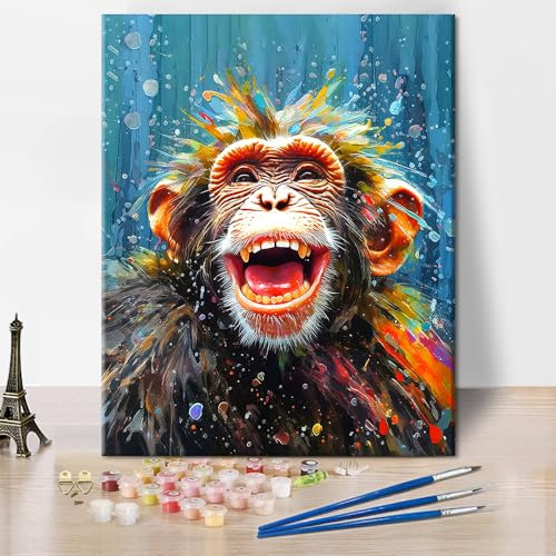 TISHIRON Peinture par numéros à faire soi-même pour adultes - Chimpanzé coloré - Art mural abstrait sur toile - 40,6 x 50,8 cm - Peinture de singe pour débutants