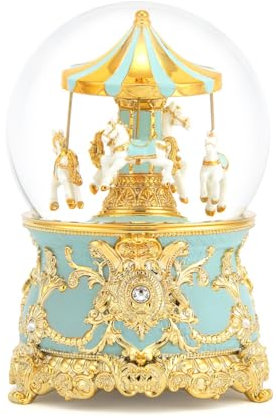 Schneekugel „Türkises Karussell“ mit Swarovski-Kristallen, drehender Innenszene und Melodie „Laputa: Das Schloss im Himmel“. Geschenkidee für Frauen, Männer und Kinder.