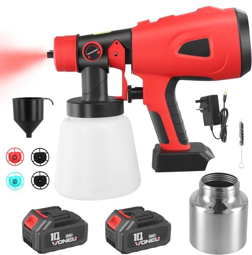Pulverizador de Pintura Inalámbrica 850 W, 800 ml Sistema de Pulverización de Pintura con 2 x 2600 mAh 21V Batería y Cargador, 5 Boquillas, 2 Recipiente de Pintura, para Paredes, Techos, Vallas