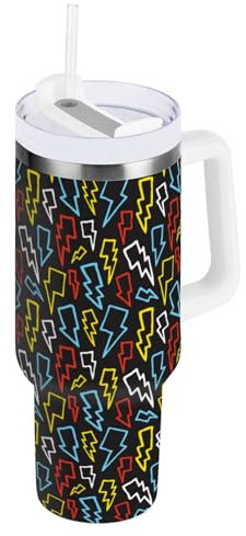 Kcldeci Colorful Thunder Bulls, bicchiere da 880 ml, con manico e coperchio con cannuccia, isolato, riutilizzabile, in acciaio inox, da viaggio, bottiglia a tenuta stagna