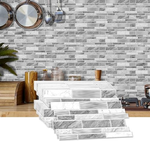 AMOYUN Tile Stickers for Kitchen - Removable Vinyl Self Adhesive Wall Tiles, Waterproof Peel and Stick Tile Backsplash for Bathroom Splashback (12cm x 24.6cm, Stone Effect