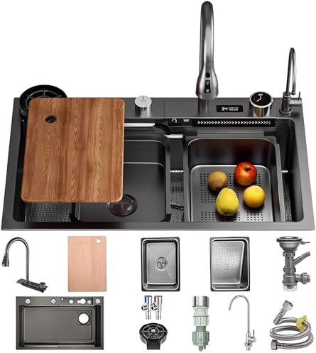 Lavello a cascata, 70 x 50 cm, in acciaio inox, nero e grigio, con schermo di visualizzazione, 1 lavandino, grande postazione di lavoro con tagliere, sifone, set di scarico e scarico