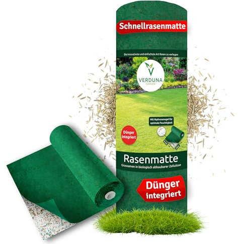 VERDUNA Biologisch abbaubare Rasenmatte mit integriertem Dünger und Hydronanogel, Rasenrolle, Grasrolle, Rasenvlies, Rasen Saatgut, Dünger, Rollrasen, 100m²